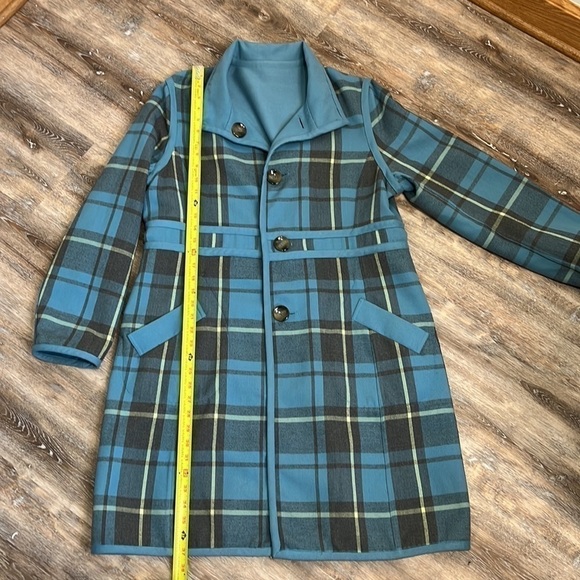 Vtg Plaid Reversible Women's Medium Trench Coat Robin Egg Blue Rockabilly Retro - Picture 12 of 15